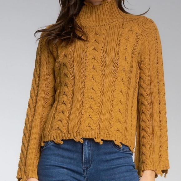Elan Sweaters - Elan mustard yellow cable knit turtleneck sweater